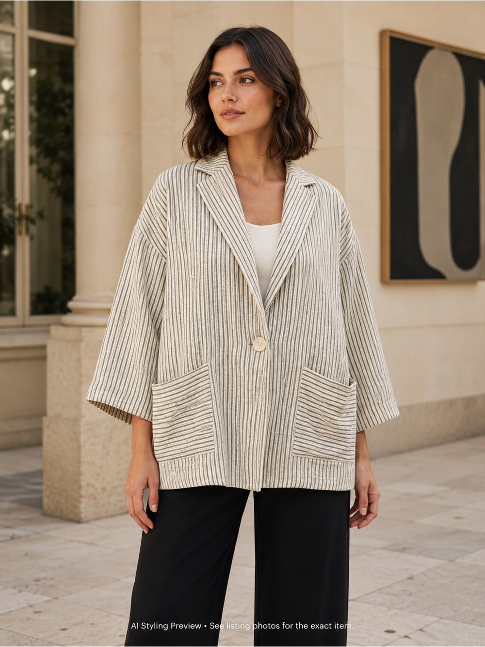 Ozai N Ku Linen Blend Striped Oversized Blazer Jacket Women S M